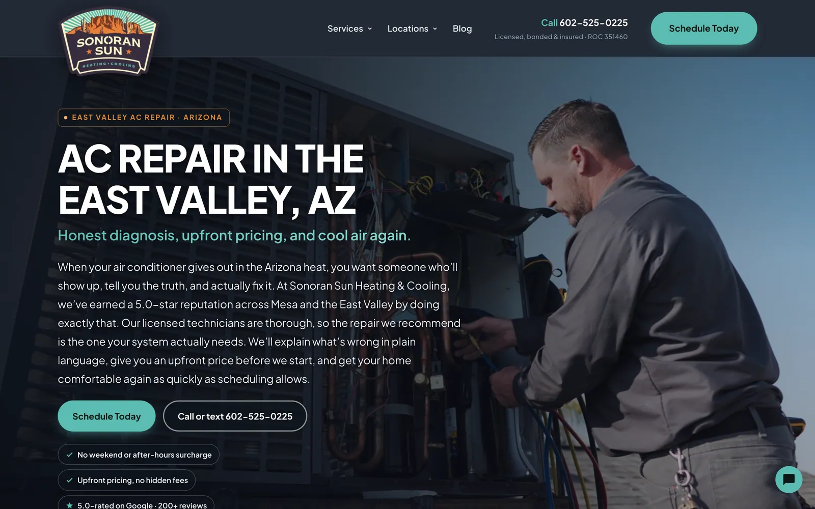 Sonoran Sun AC repair service page on desktop, with the East Valley AC repair headline, upfront pricing promise and Schedule Today button